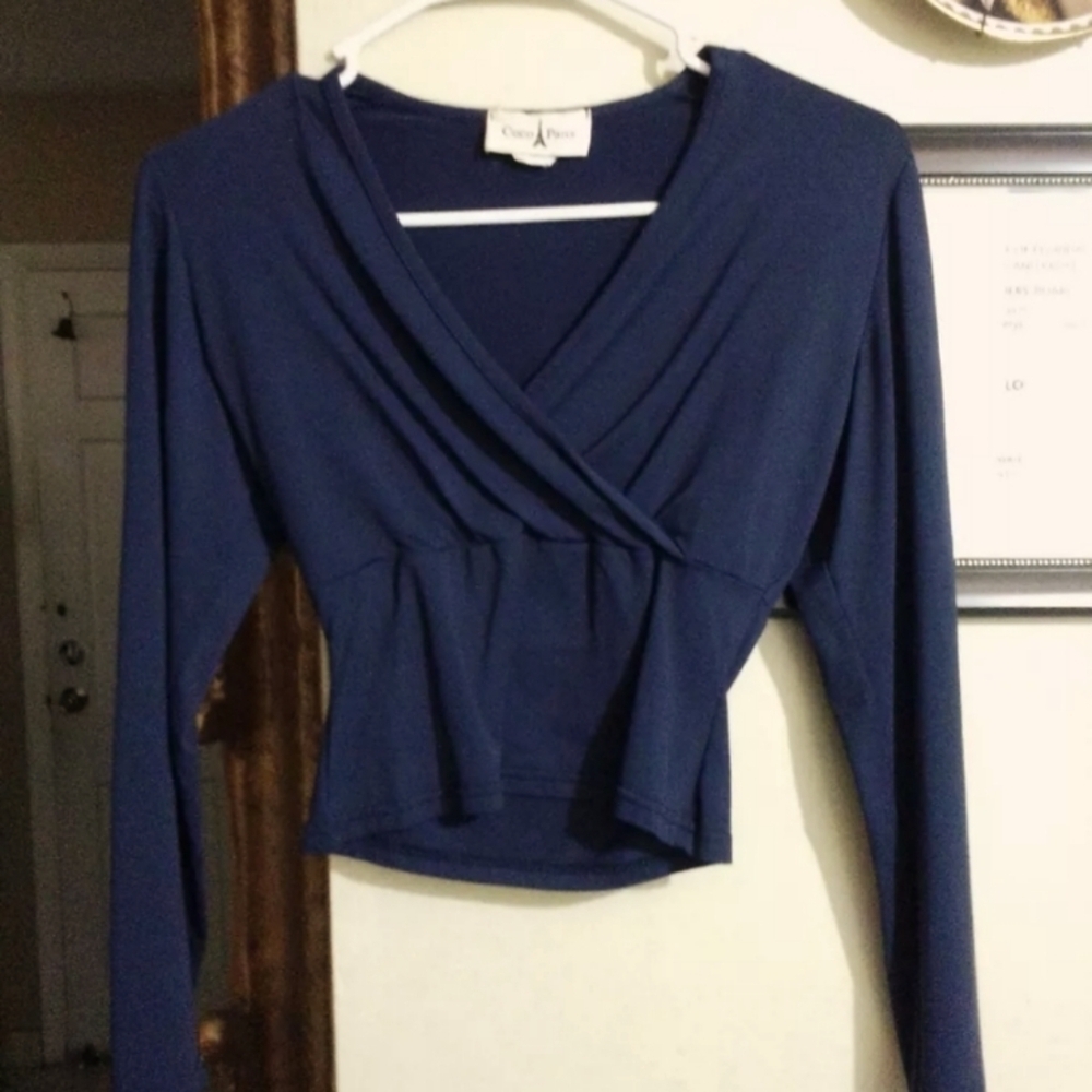 Y2K "Coco Paris" brand-new cropped blue silky blouse size T2 ( sm-med ) Gorgeous